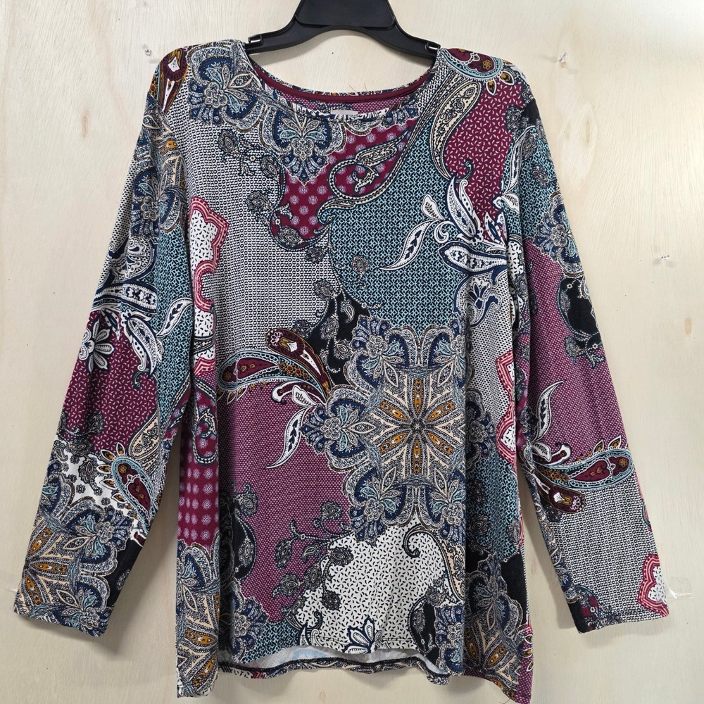 Chico's Paisley Patchwork Knit Top Womens XL Size 3 Long Sleeve Multi Color Crew